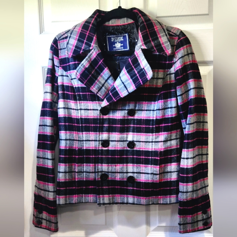 Pink Victoria's Secret Y2K black pink plaid jacket peacoat women's size Small